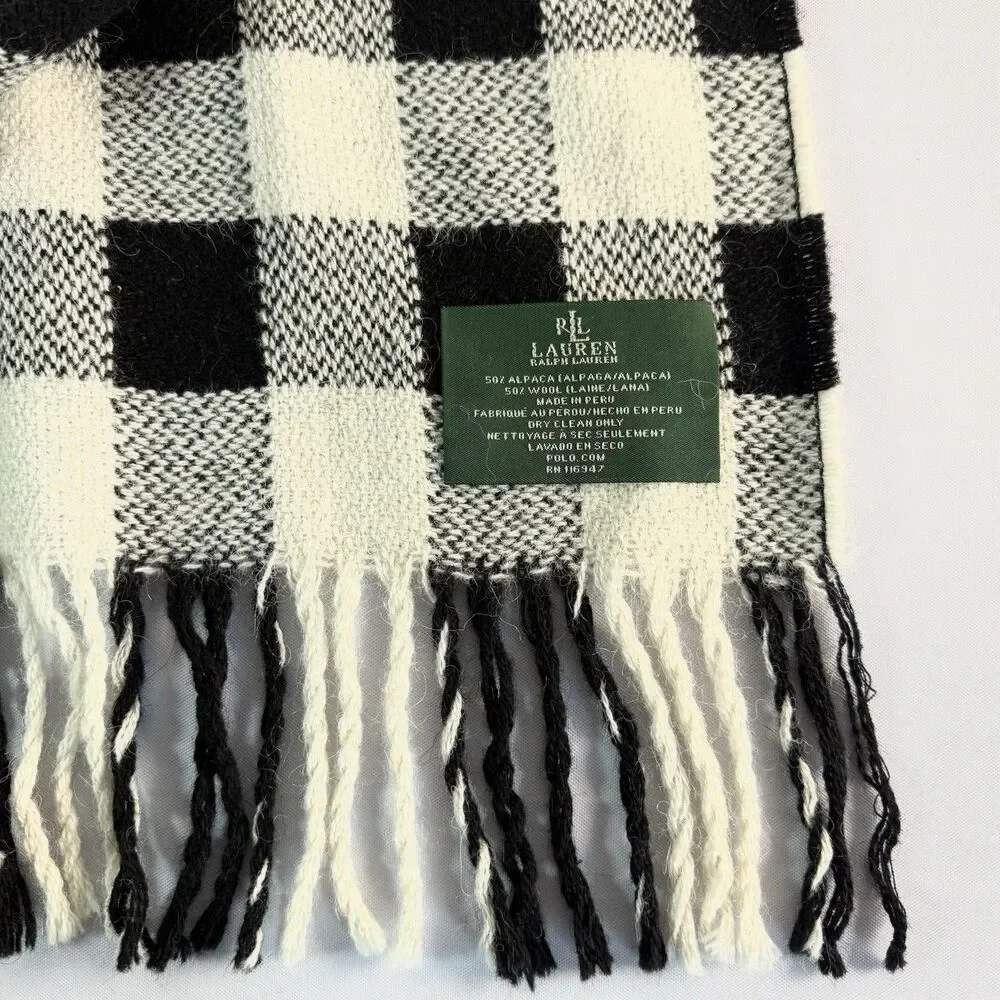 Ralph Lauren Black & Cream Buffalo Plaid Wool Alpaca Blend Fringed Throw Blanket